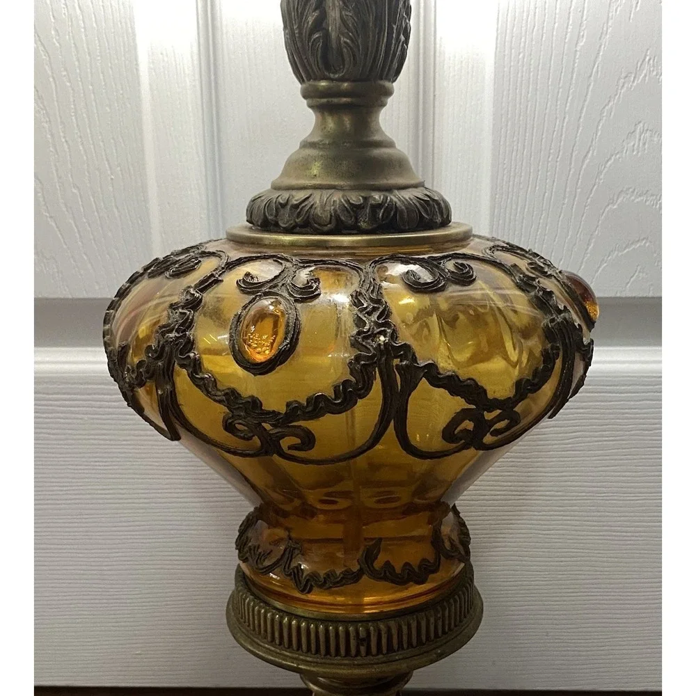 Vintage‎ Amber Glass&Brass Table Lamp Falkenstein Hollywood Regency Jeweled Lamp